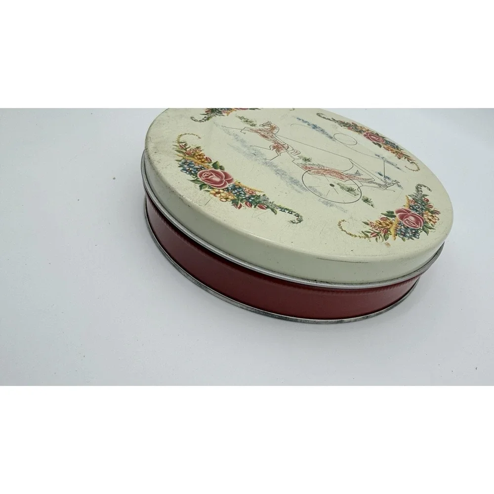 Vintage Round Tin Canister Horse And Carriage Red Roses Flowers Cottage Storage